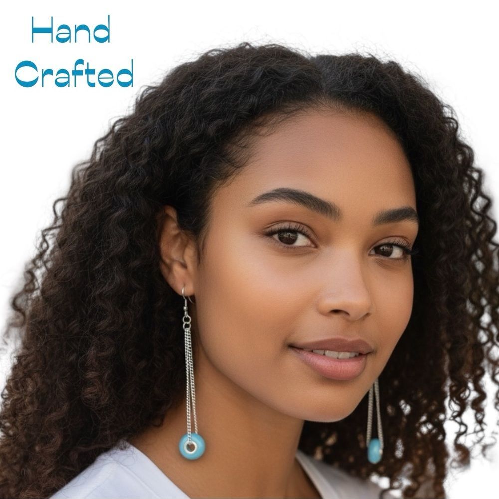Hand Crafted Teal Gemstone Bead With Silver Chain Earrings NWT Coastal Cowgirl
